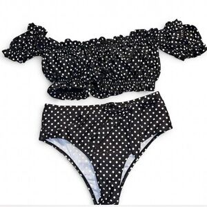 Polka Dot Off-Shoulder High-Waist Bikini Set - Black